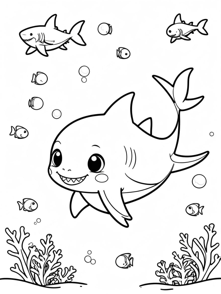 Chibi Shark With Seaweed Coloring Sheets