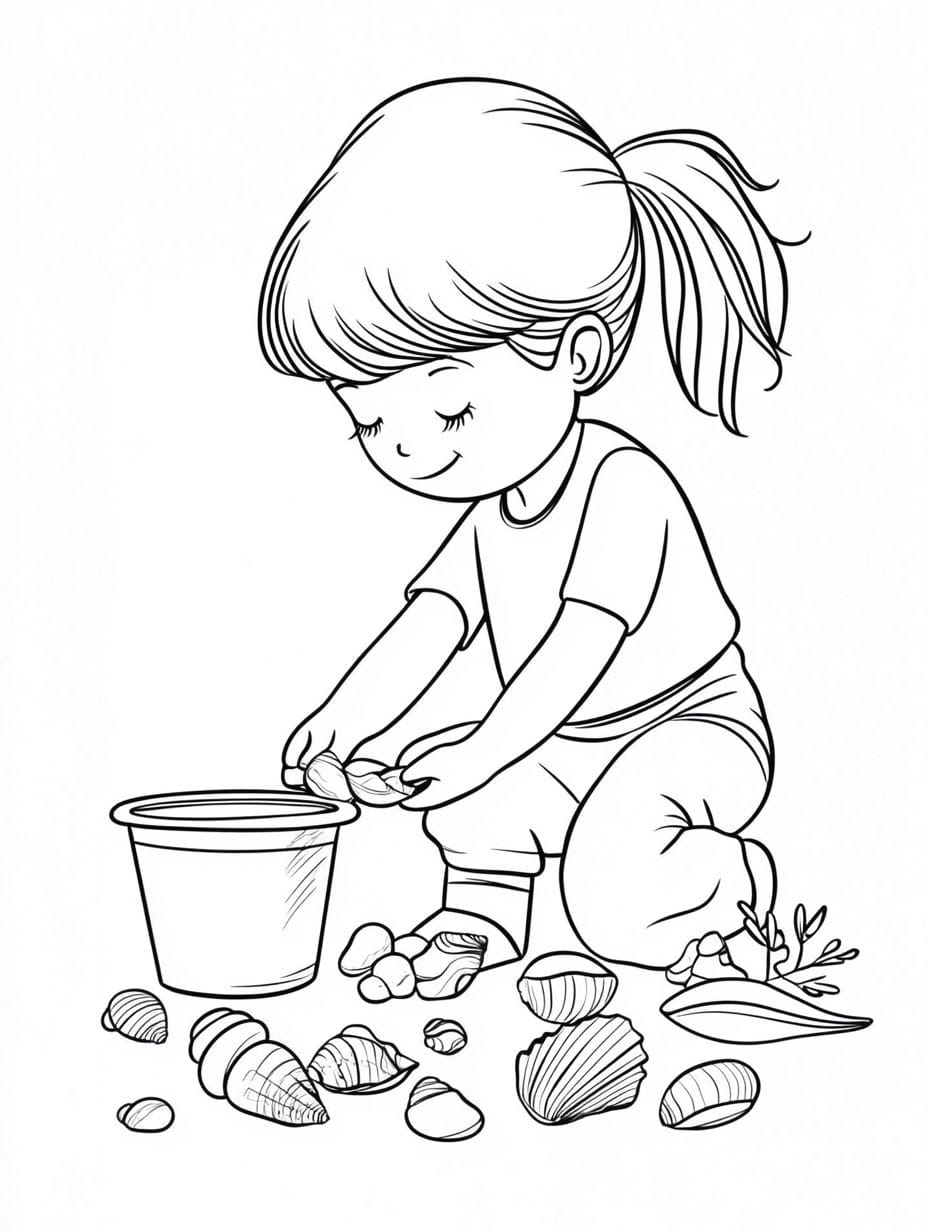 Children Collecting Seashells Coloring Page For Kids