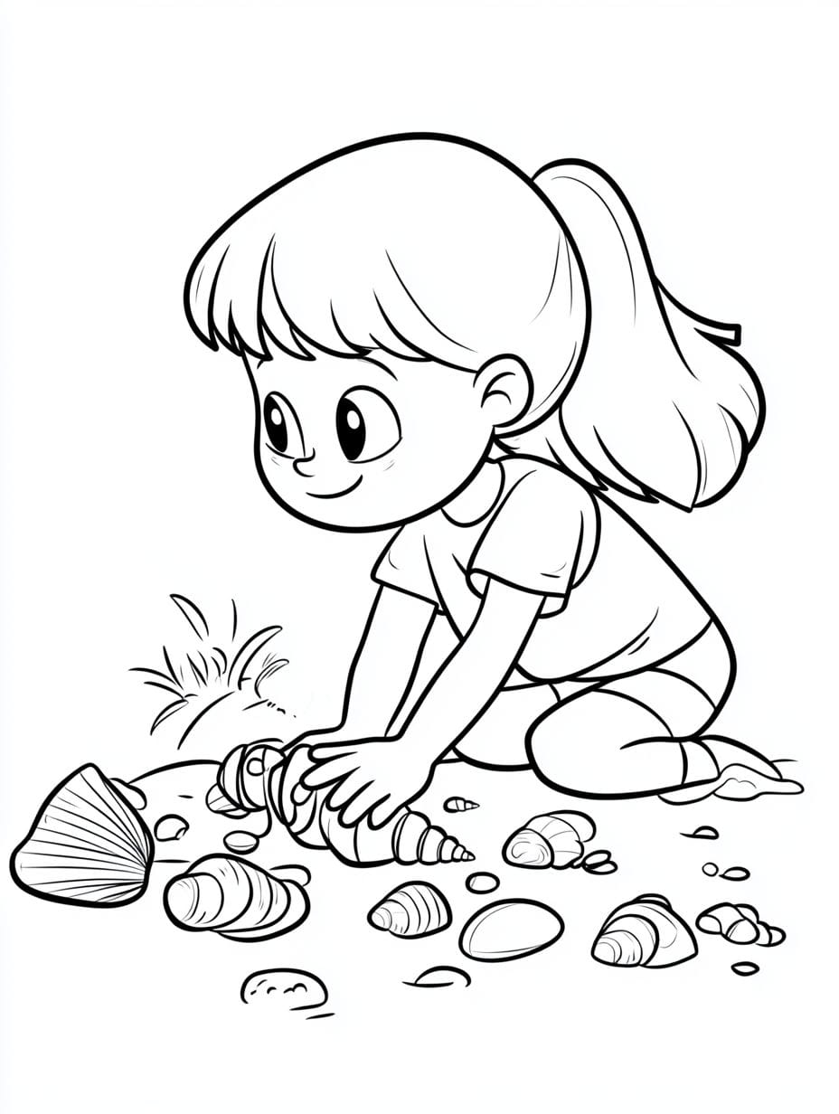 Children Collecting Seashells Coloring Pages