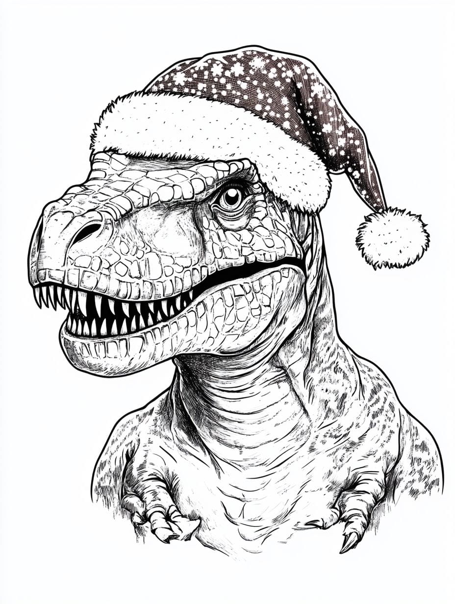 Christmas Themed T Rex With Santa Hat Coloring Pages