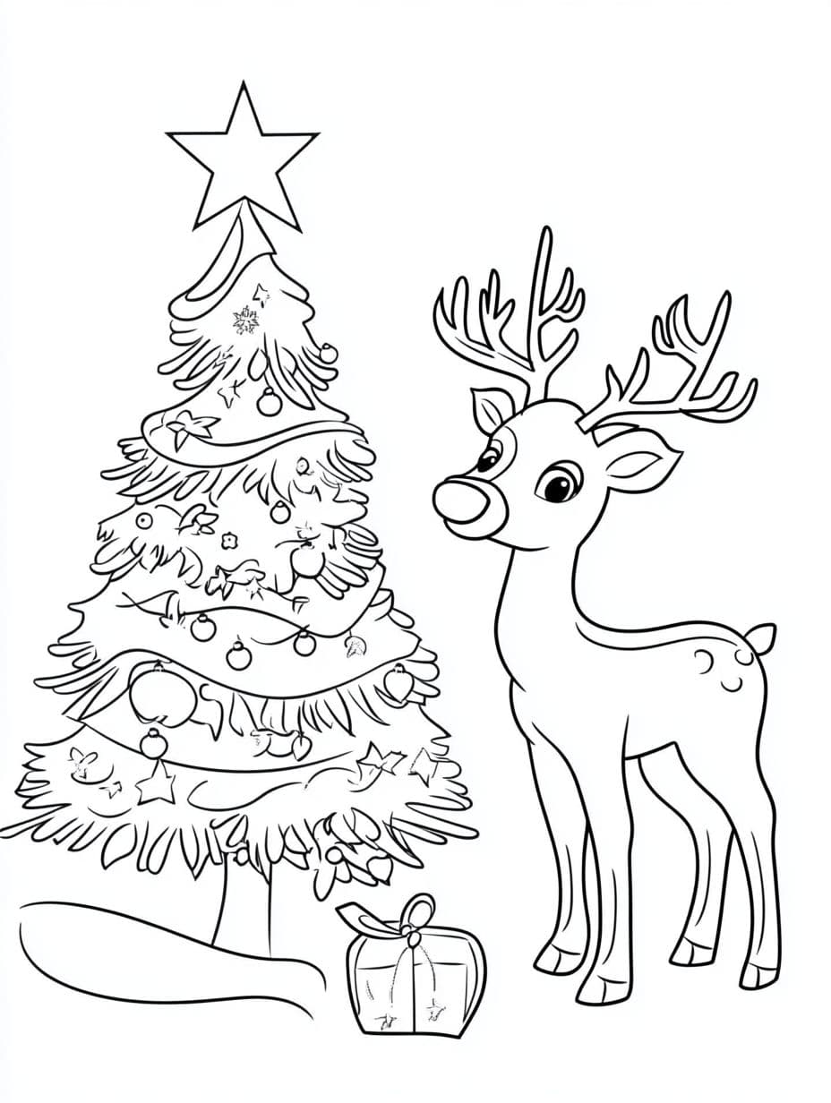 Christmas Tree And Reindeer Coloring Pages For Kids