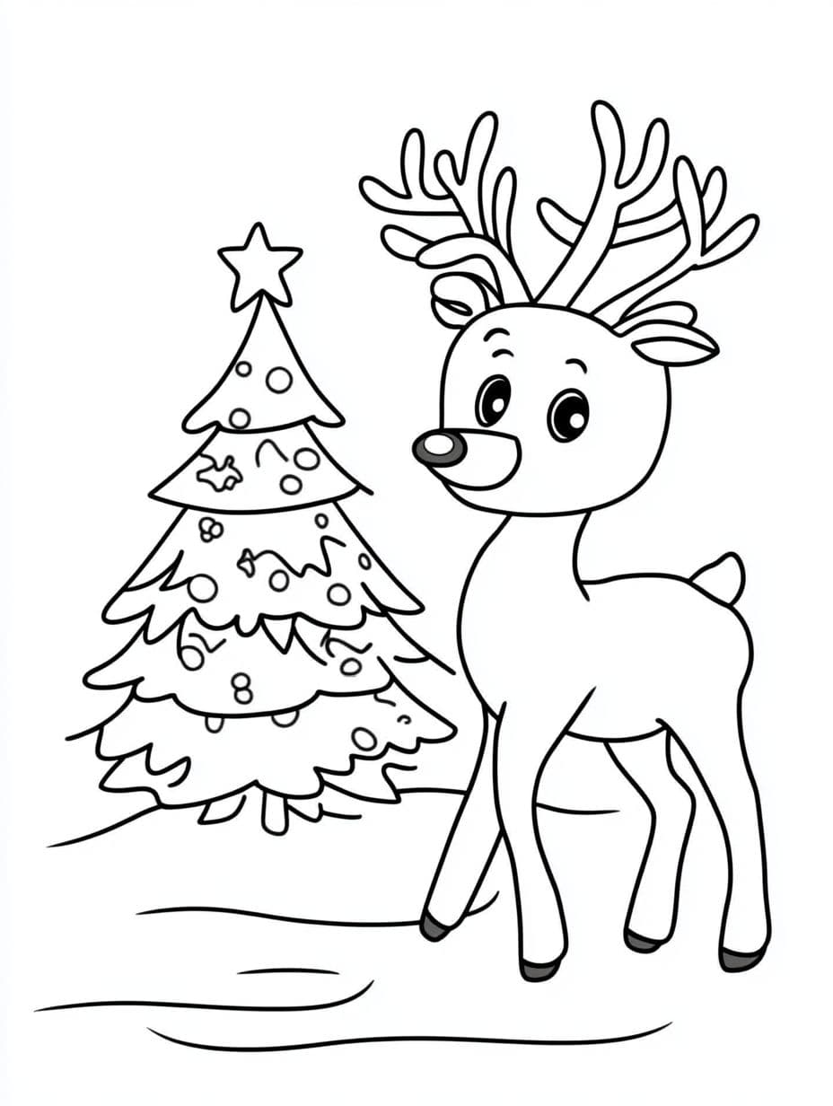 Christmas Tree And Reindeer Coloring Pages