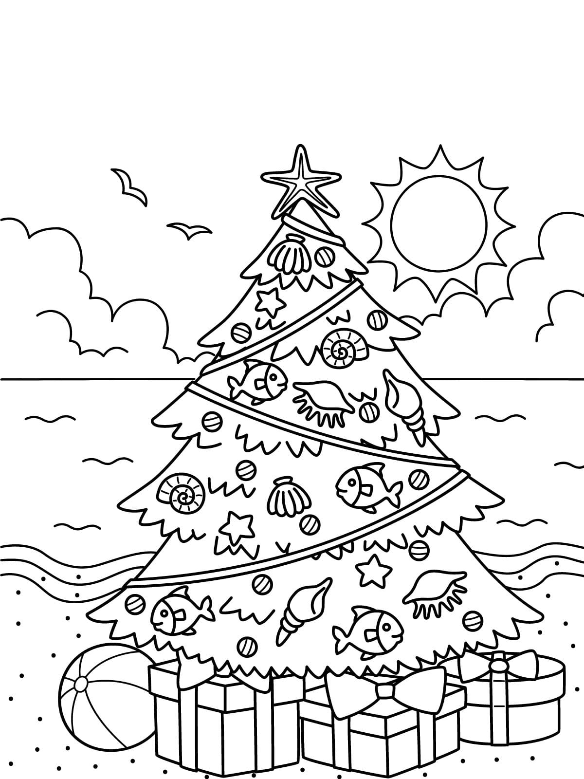 Christmas Tree In Beach Coloring Page