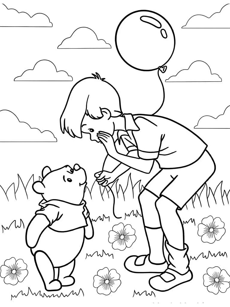 Christoper Robin And Pooh With Balloon Coloring Page