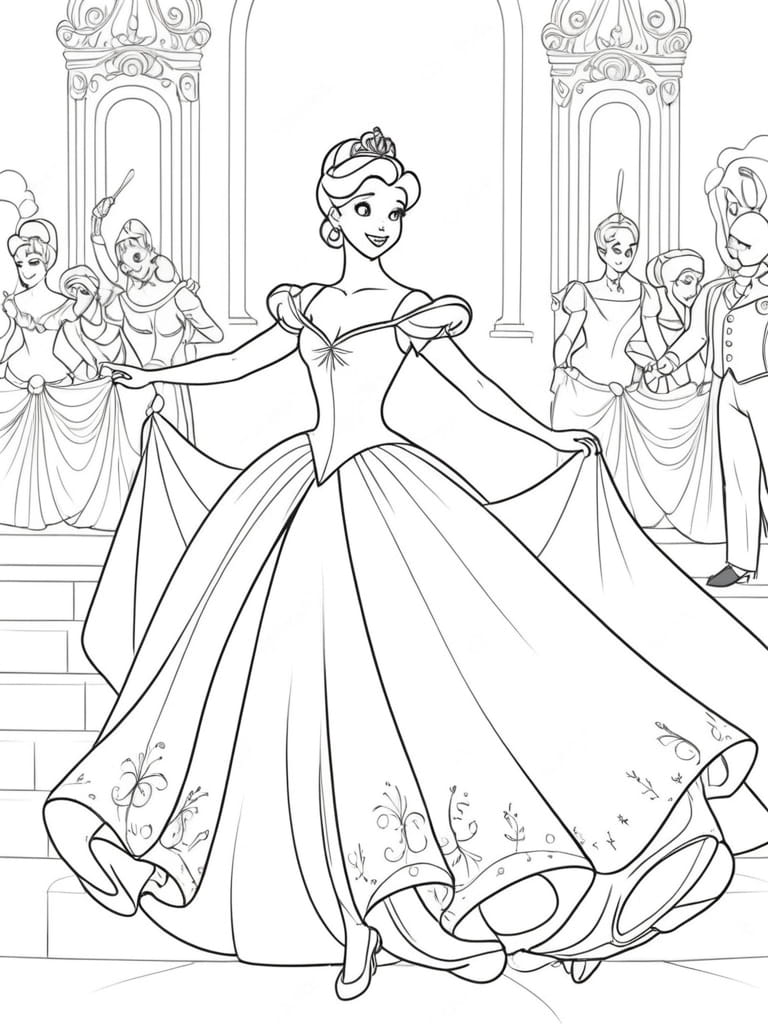 Cinderella Dancing At The Royal Ball Coloring Pages