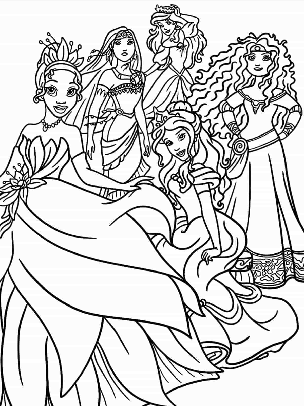 Coloring Page Of Princess Ariel Pocahontas Tiana Bell And Merida