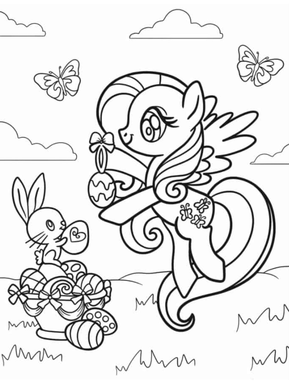 Coloring Sheet Of Fluttershy With Easter Eggs And Bunny