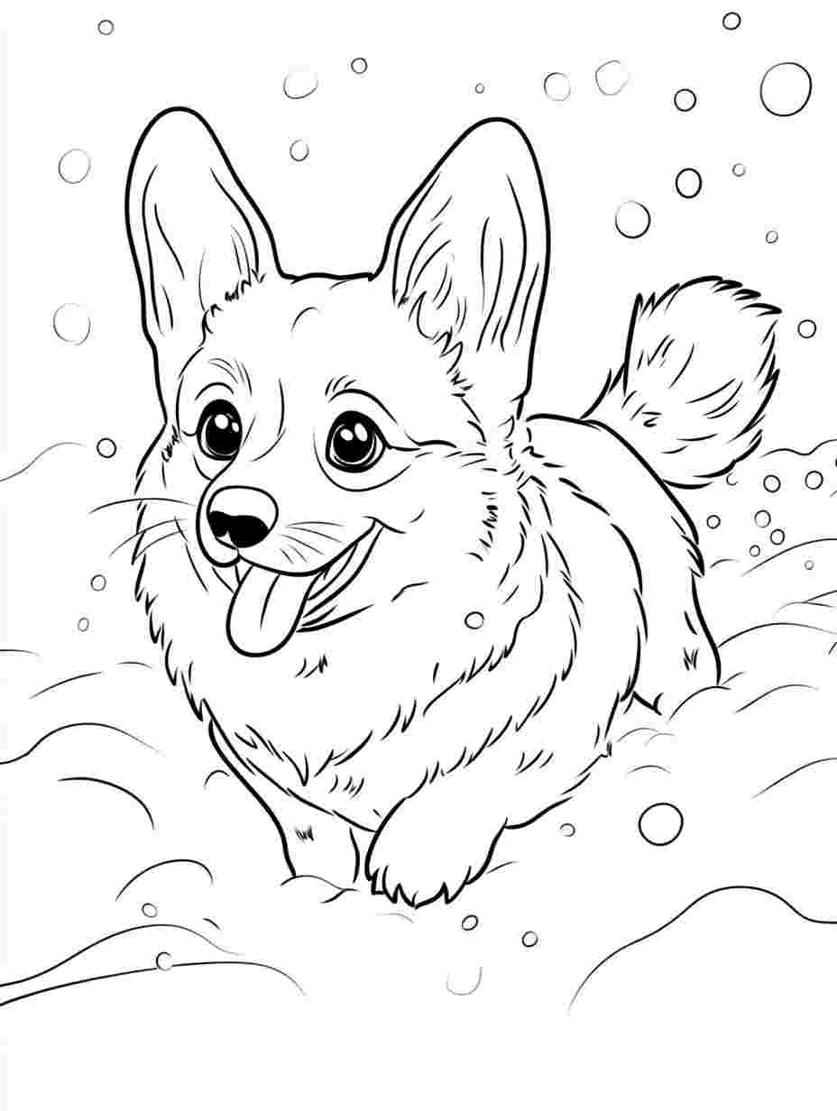 Corgi Playing In The Snow Coloring Pages