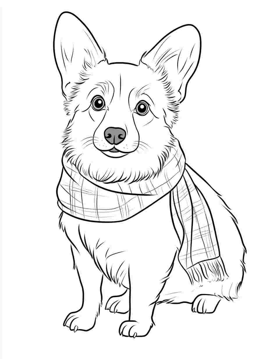 Corgi With Checkered Scarf Coloring Sheets