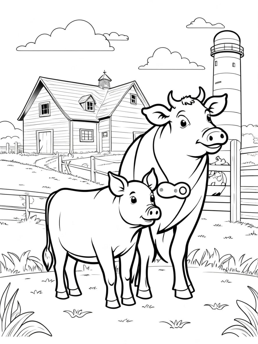 Cow And Pig On A Farm Coloring Pages