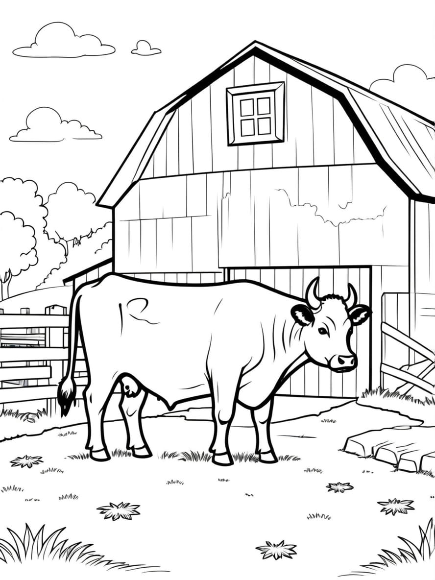 Cow Grazing In Front Of Farm Barn Coloring Pages