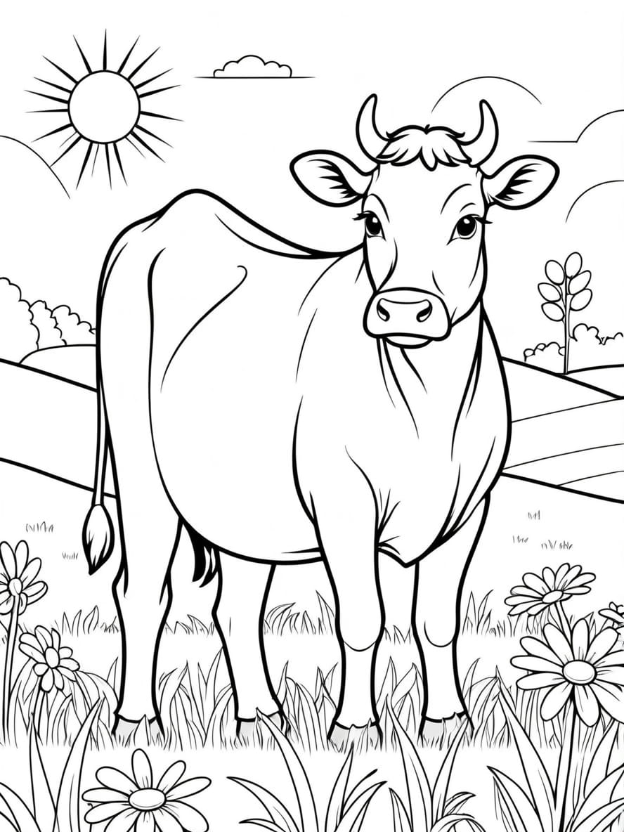 Cow In The Flower Garden Coloring Pages