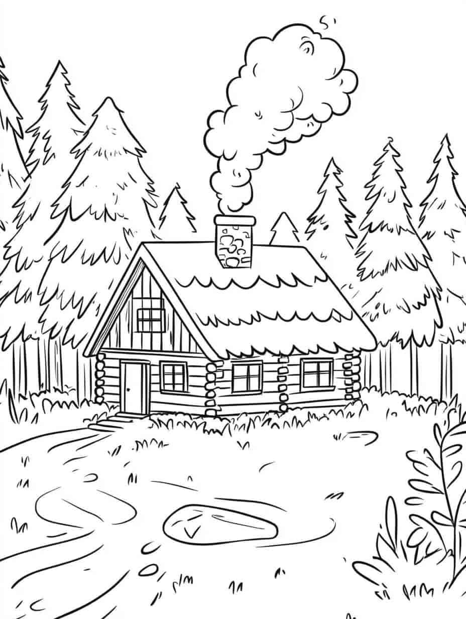 Cozy Cabin Nestled Among The Tree Coloring Pages