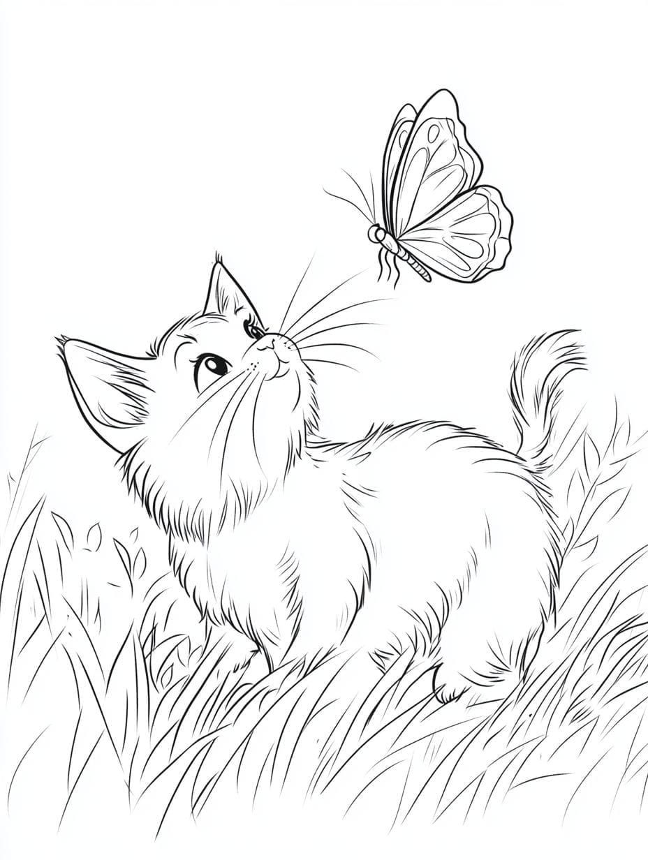 Curious Cat Reaching Out To Butterfly Coloring Pages