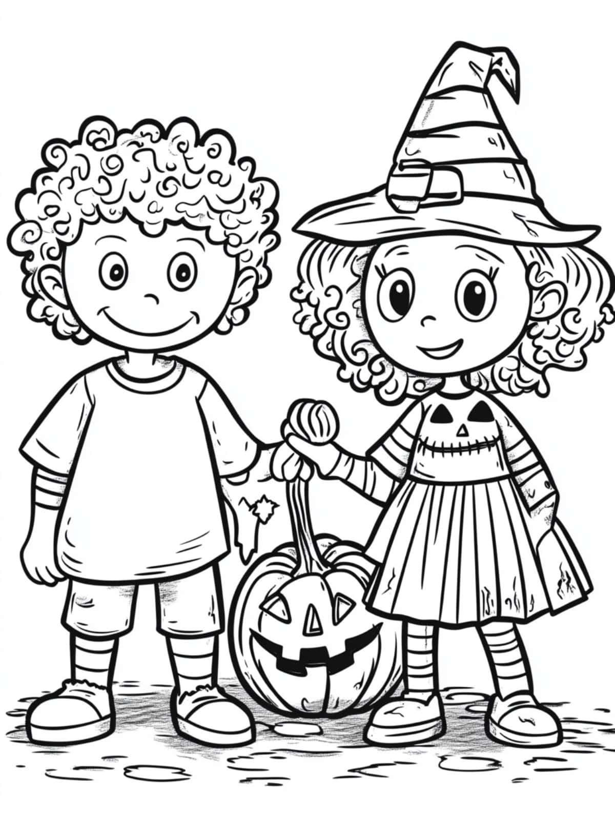 Curly Haired Halloween Trick Or Treaters Coloring Pages