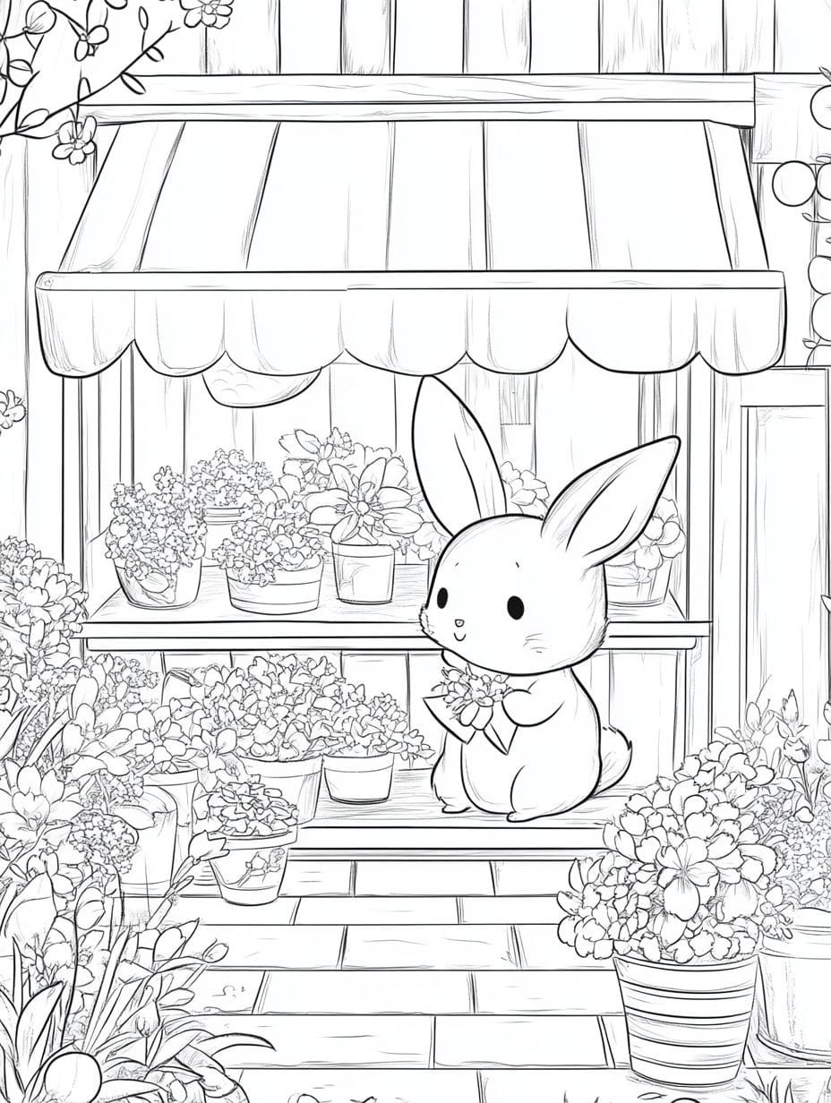 Cute Animal And Spring Flower Shop Coloring Pages