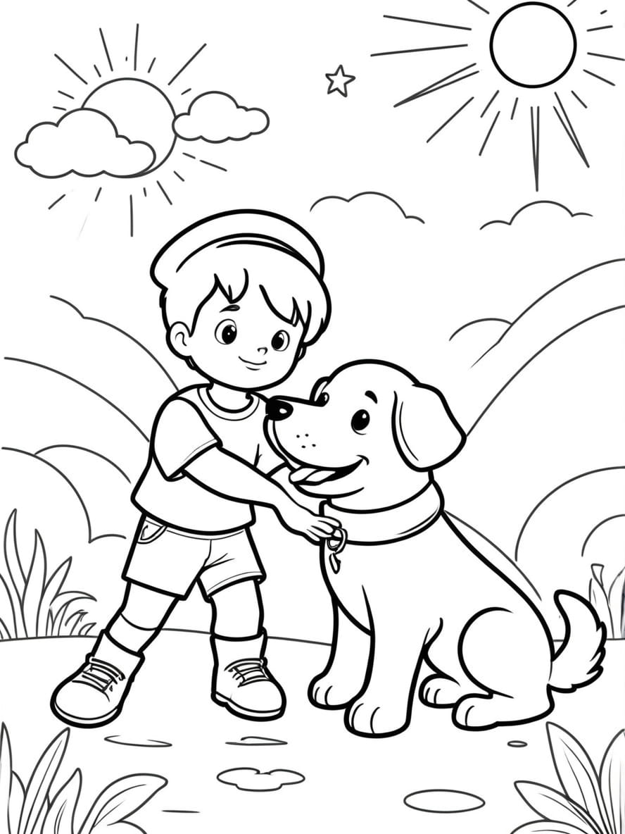 Cute Boy Playing With Dog Under The Sun Coloring Pages