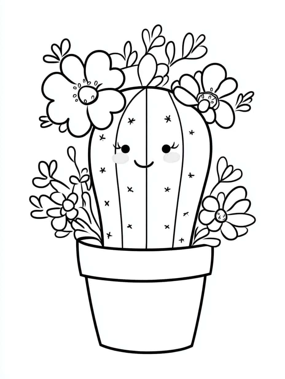 Cute Cactus With Flowers Coloring Pages