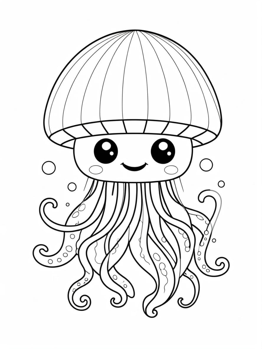 Cute Cartoon Jellyfish With A Smile Coloring Pages