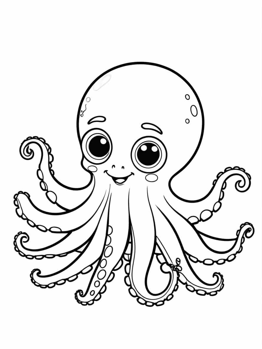 Cute Cartoon Octopus With Big Eyes And A Smile Coloring Pages