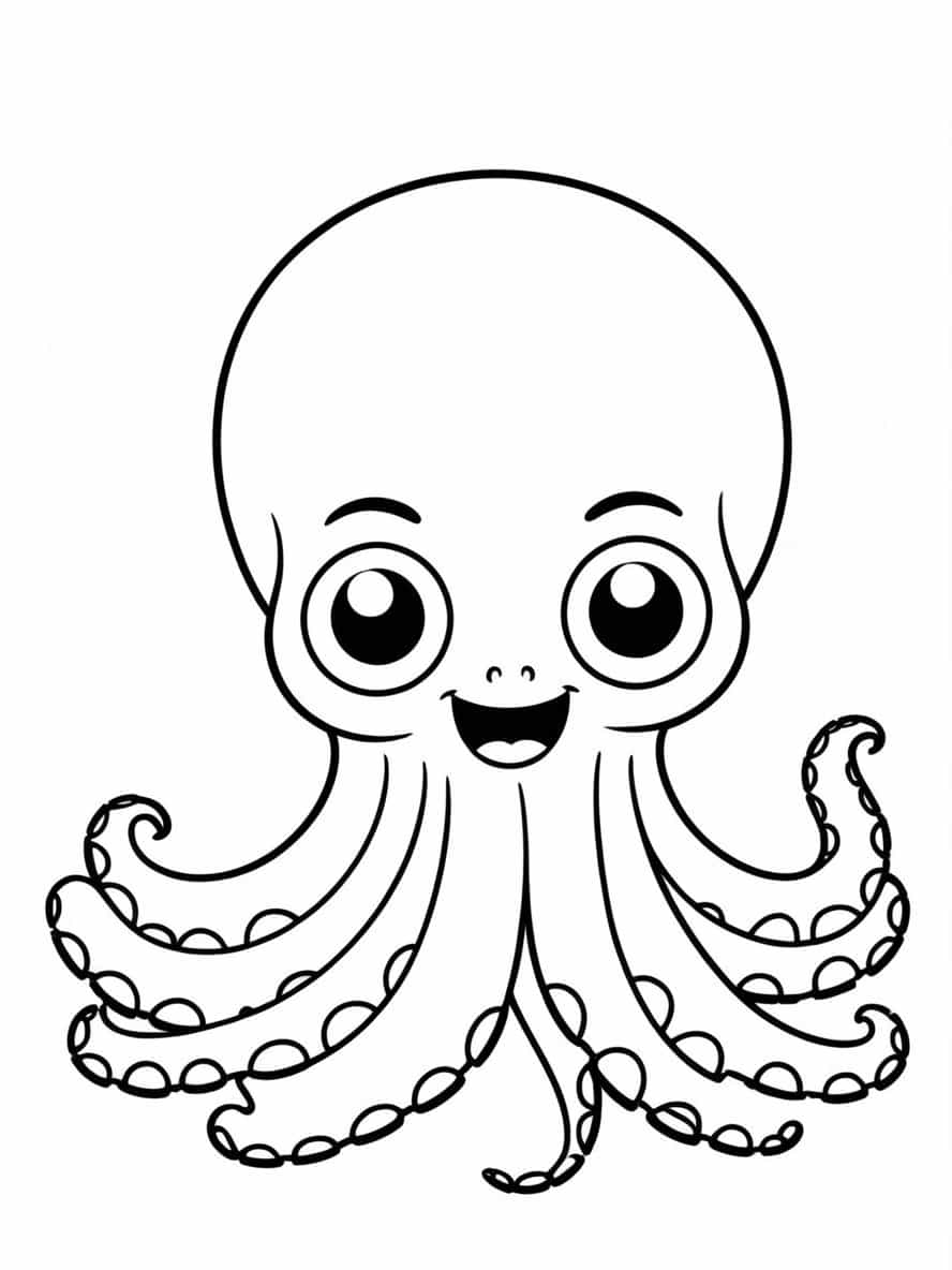 Cute Cartoon Octopus With Big Eyes Coloring Pages