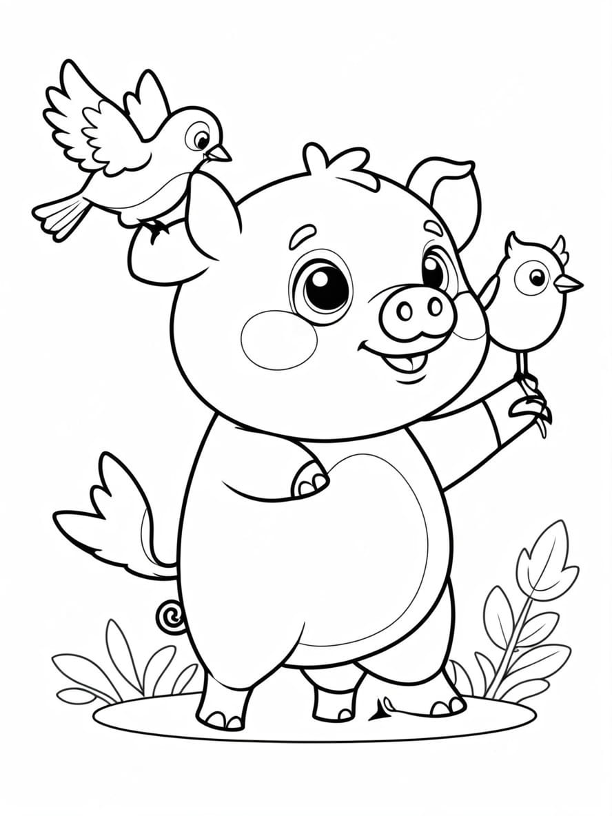 Cute Cartoon Pig With Bird Coloring Pages