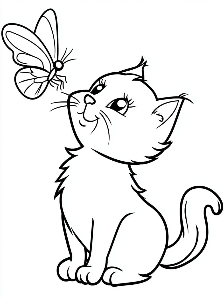 Cute Cat And Butterfly Coloring Pages