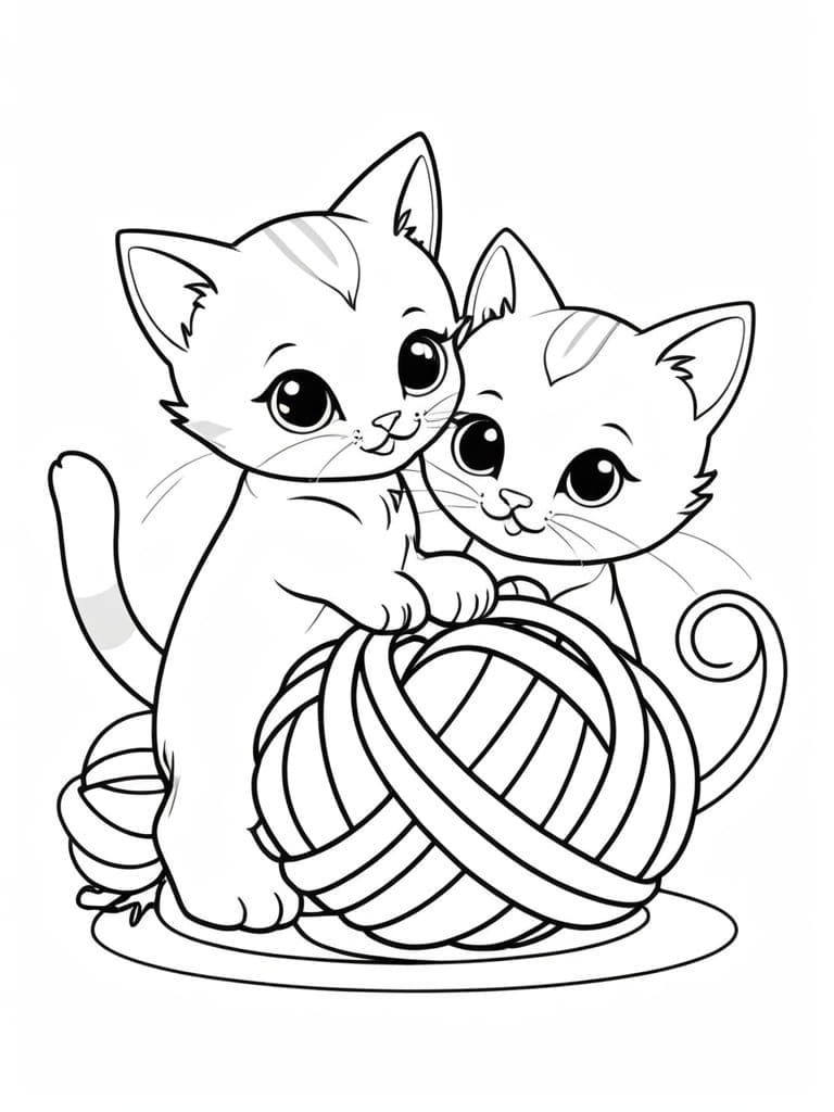 Cute Cat Playing With Yarn Coloring Pages