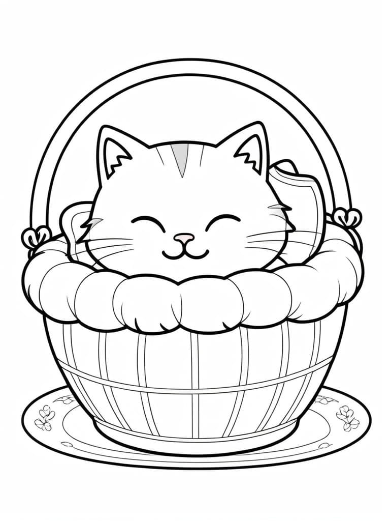 Cute Cat Sleeping In A Basket Coloring Pages