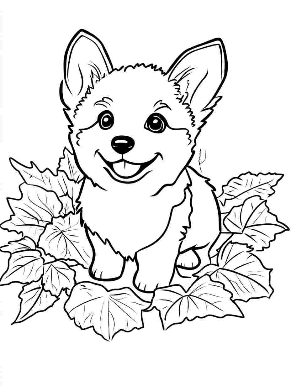 Cute Corgi With Leaves Coloring Pages