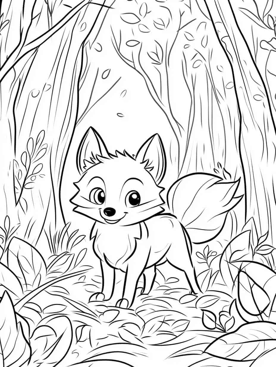 Cute Fox Exploring The Woods Coloring Pages