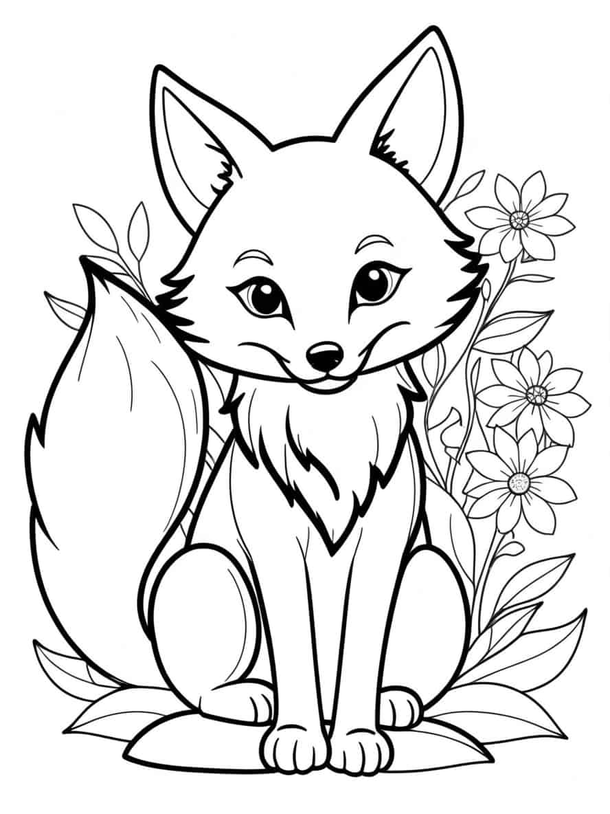 Cute Fox With Flowers Coloring Pages