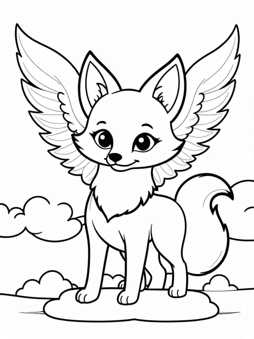 Cute Fox With Wings In The Clouds Coloring Pages