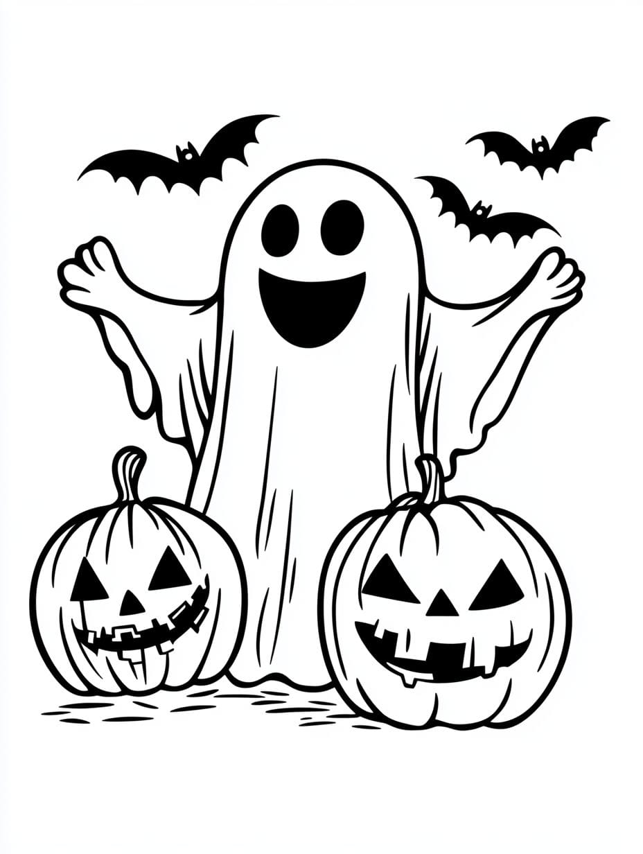 Cute Ghosts With Halloween Creatures Coloring Pages