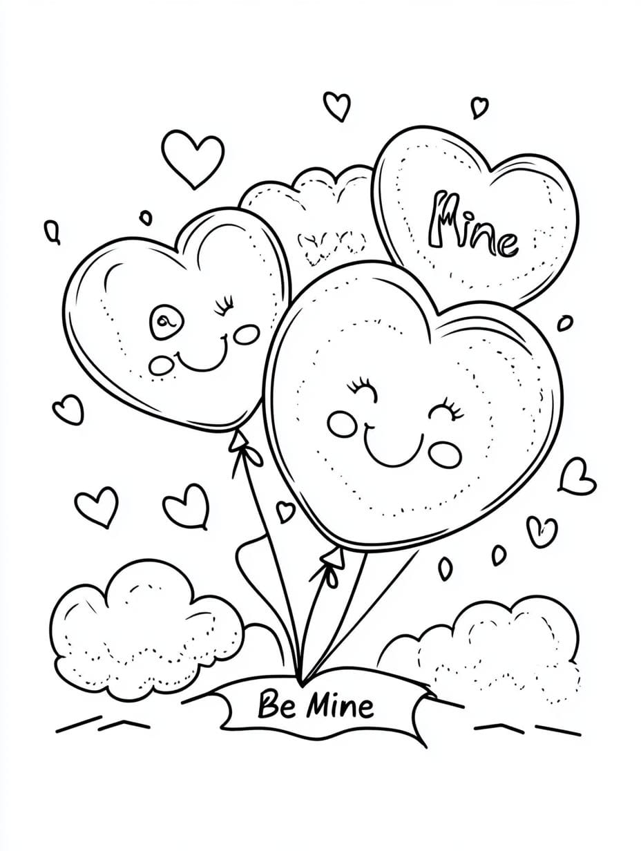 Cute Heart Balloons In The Sky Coloring Pages