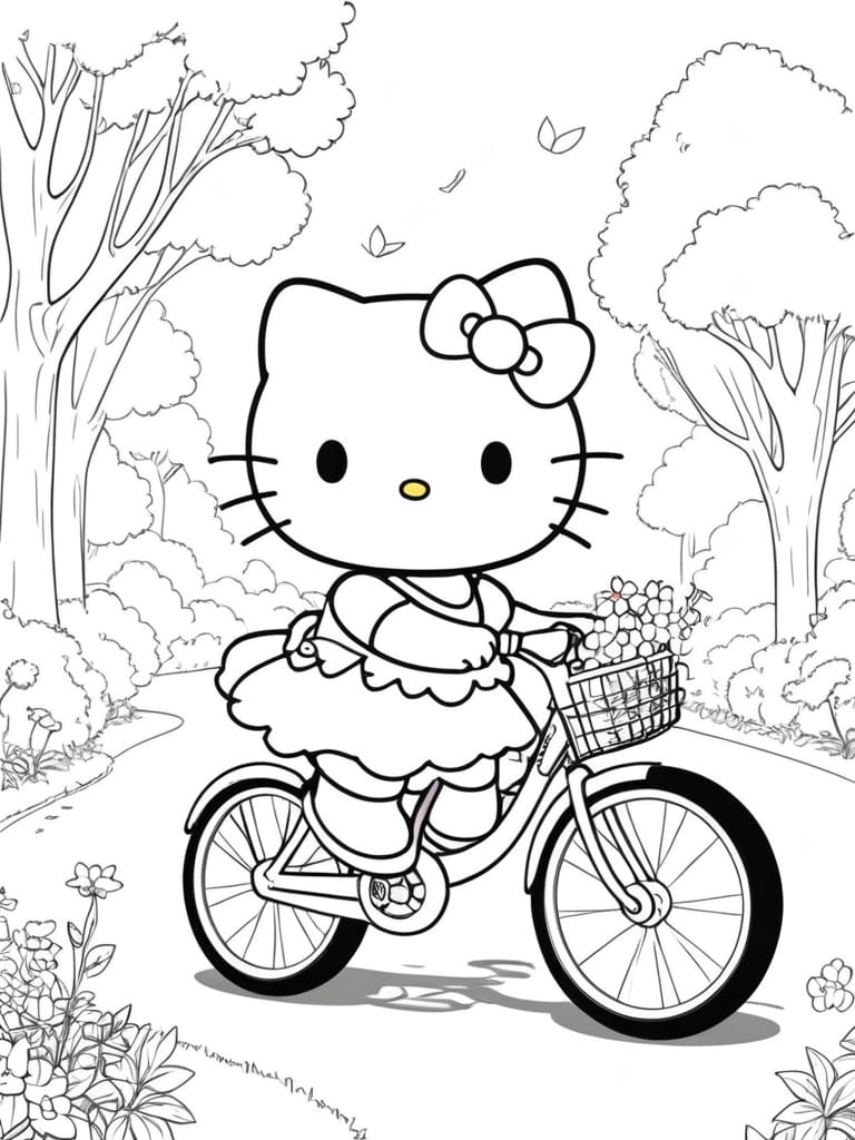 Cute Hello Kitty Riding Bicycle In The Park Coloring Pages