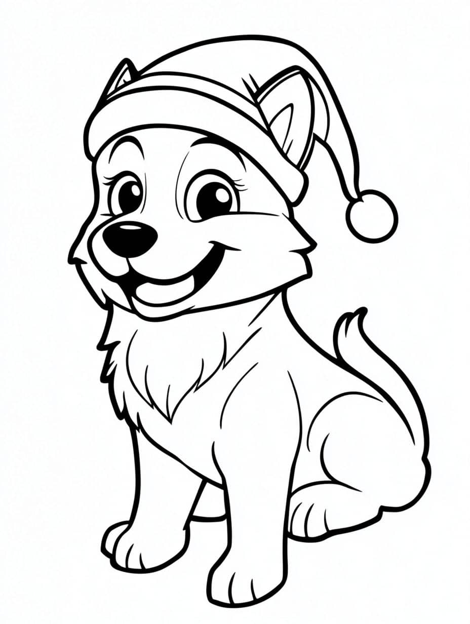 Cute Husky With A Christmas Hat Coloring Pages