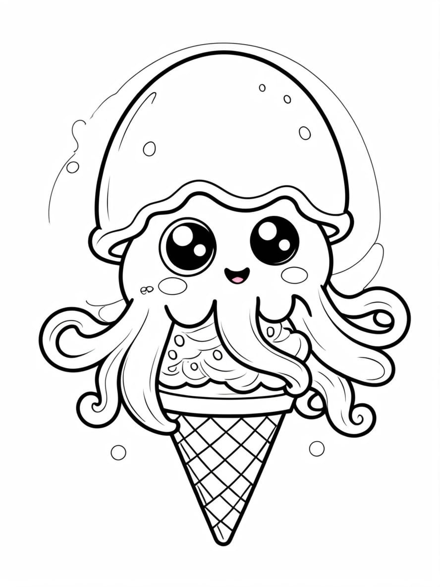 Cute Jellyfish Eating Ice Cream Cone Coloring Pages