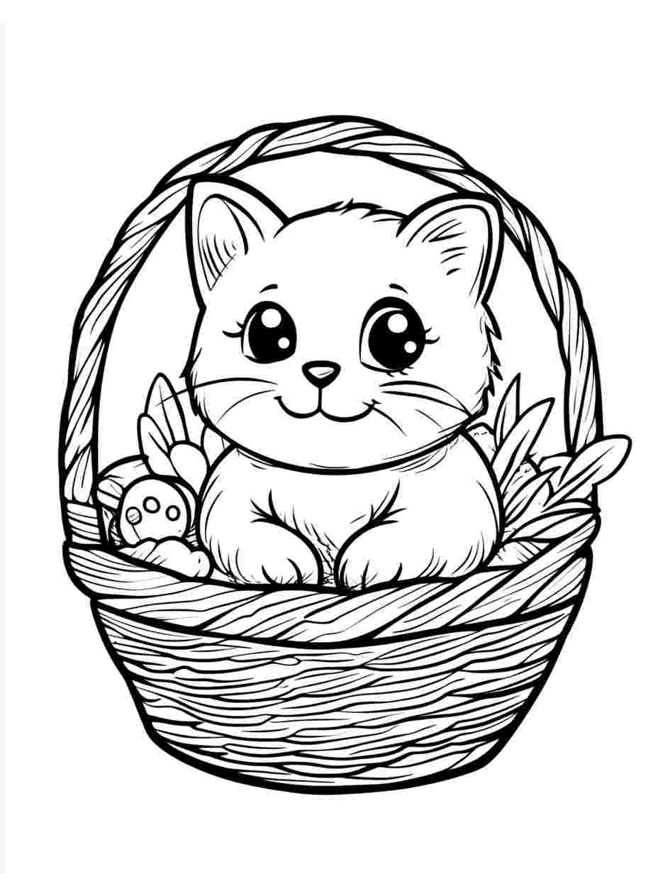 Cute Kitten In A Basket Coloring Pages