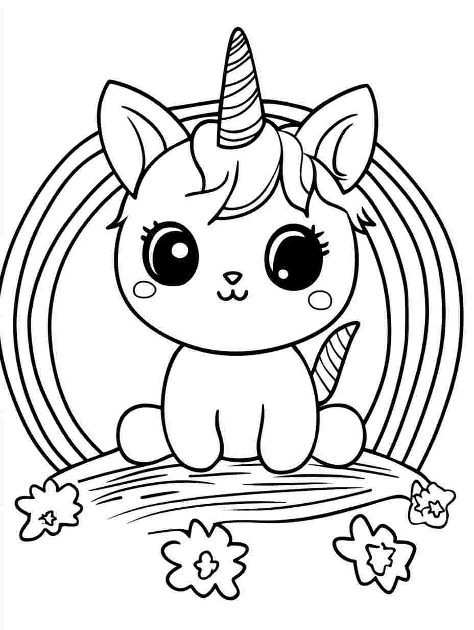 Cute Kitten Unicorn Sitting On Rainbow Coloring Pages