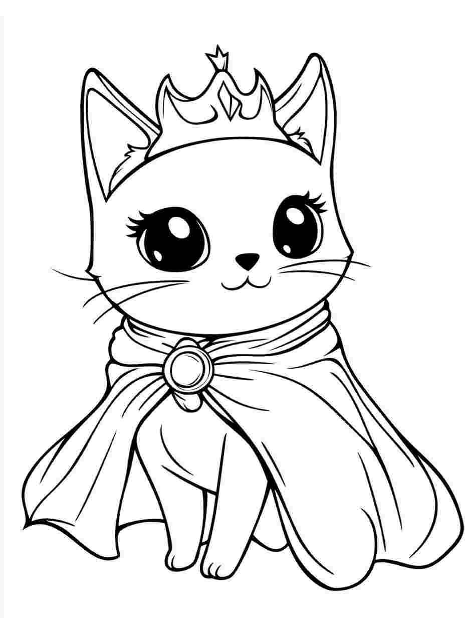 Cute Kitten Wearing Royal Cape Simple Coloring Pages