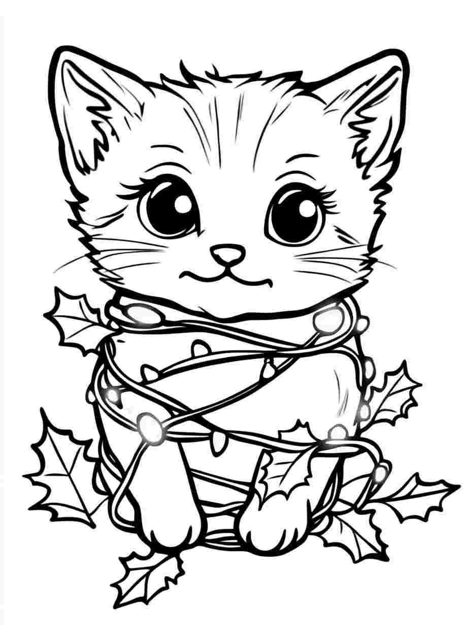 Cute Kitten With Christmas Lights Coloring Pages