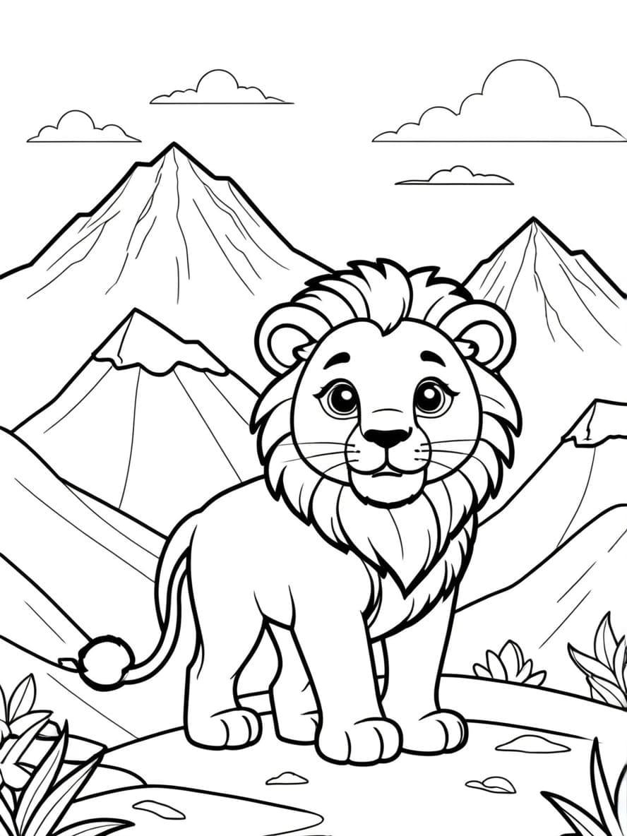 Cute Lion With Mountains In Background Coloring Page