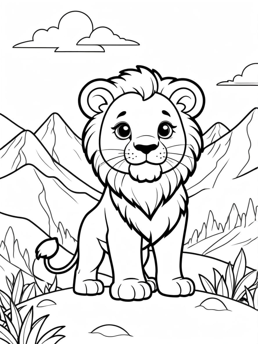 Cute Lion With Mountains In Background Coloring Sheets