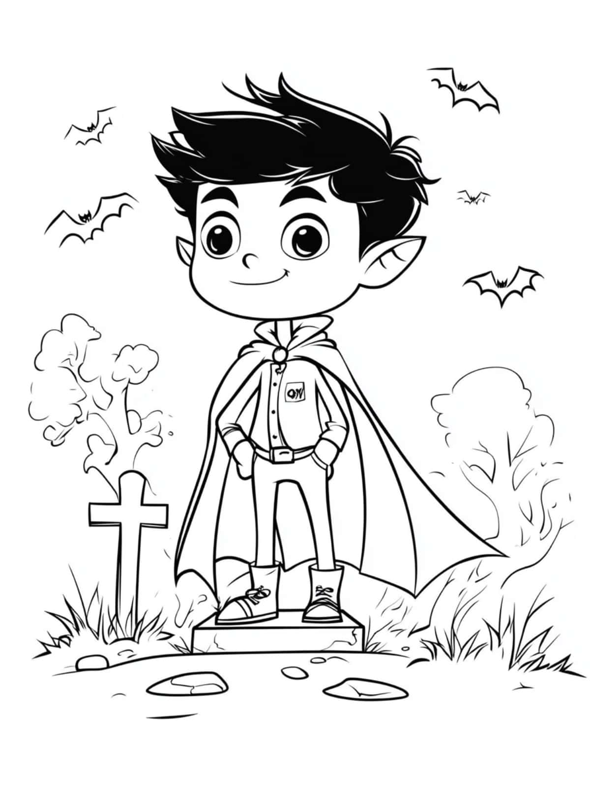 Cute Little Vampire Boy Standing On A Grave Coloring Pages