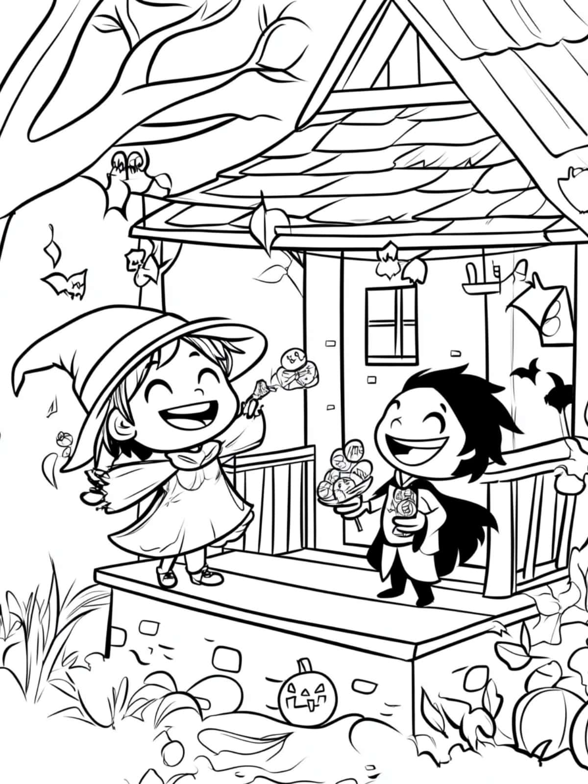 Cute Little Witch And Little Vampire Holding Halloween Sweets Coloring Pages