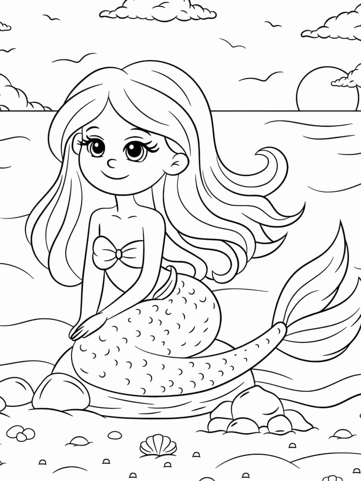 Cute Mermaid Princess With Sunset Coloring Page