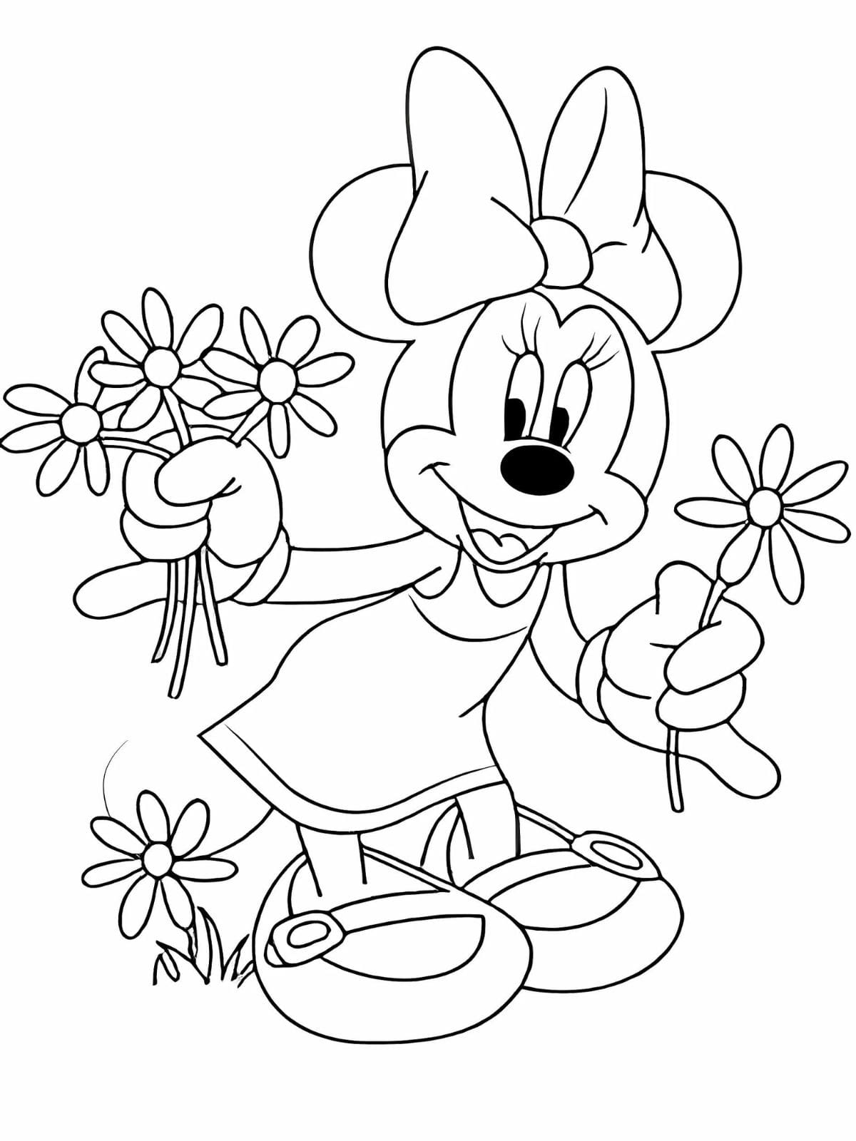 Cute Minnie Mouse With Flower Coloring Pages