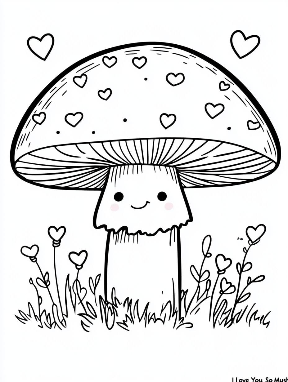 Cute Mushroom With Hearts Coloring Pages