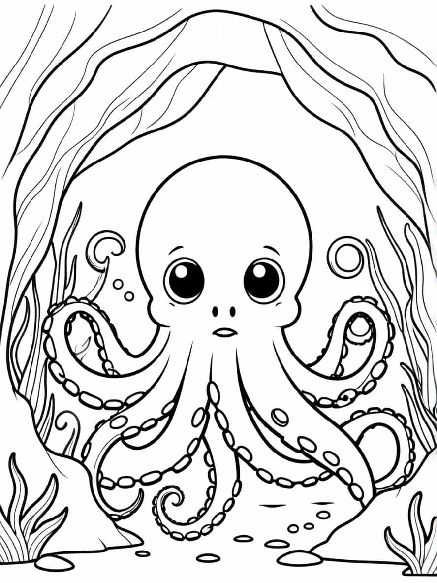 Cute Octopus Hiding In An Underwater Cave Coloring Pages